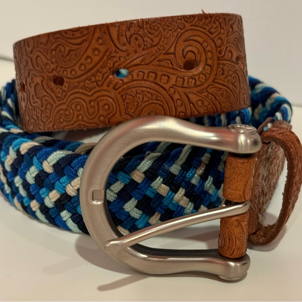 Robert Graham Jive Blue Elastic Woven Men's Belt with Paisley Design Size 42/44